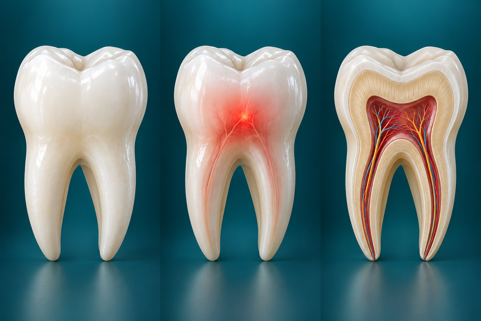 Illustrated tooth views: healthy, pain and inner anatomy